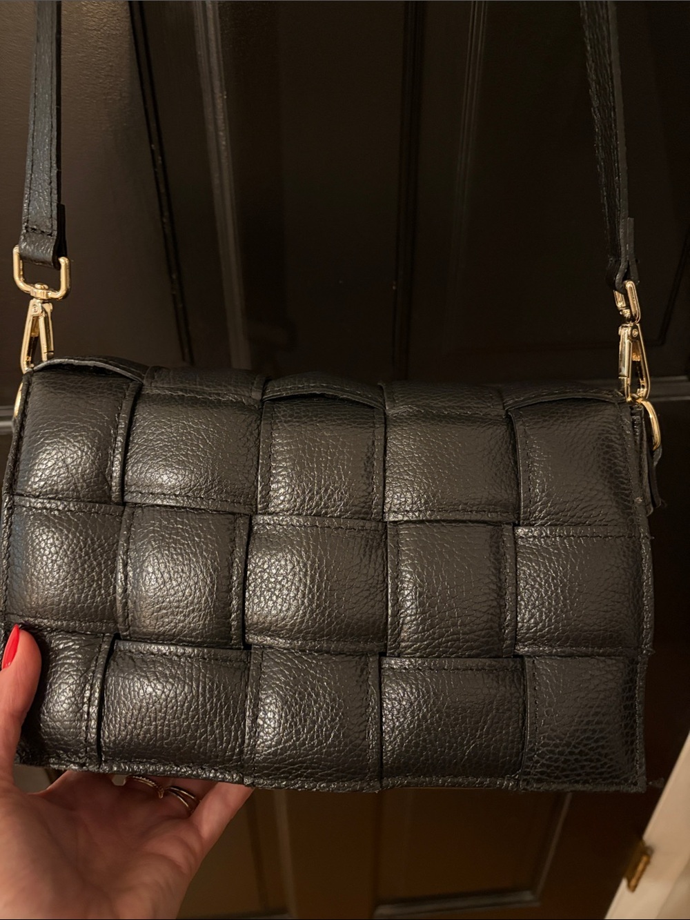 Black Quilted Genuine Leather Crossbody Bag with Adjustable Strap